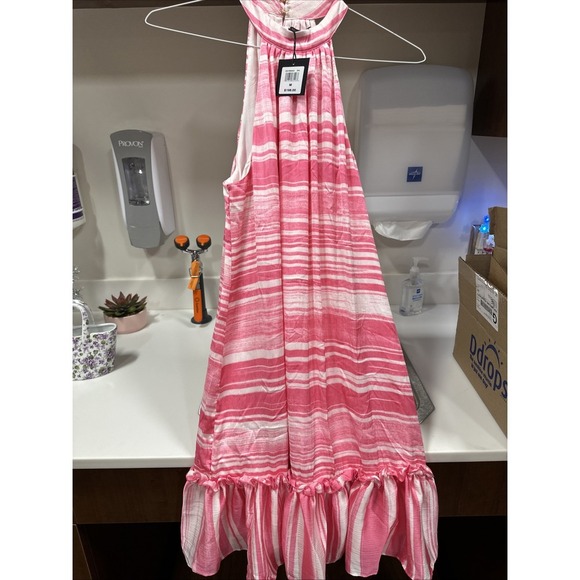 💗🤍 TRINA TURK Pink White Stripe Halter Zuri 2 Shift Ruffle Mini Dress‎ M = 6/8 - Picture 1 of 4